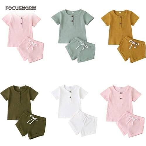 FOCUSNORM 0-24M Infant Baby Boys Girls Clothes Sets Solid Button Short Sleeve Pullover T Shirts Tops Shorts