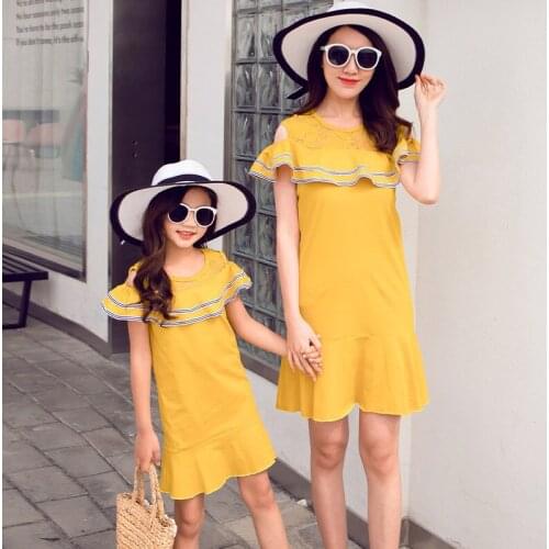 Family Summer Clothes Ruffle Sleeve Mommy and Me Dress for Solid Color Mother Daugnter Dresses Woman Girls Matching Clothing