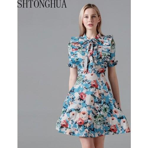 Fashion 2020 Summer Runway Dress Women Bow Collar Rose Floral Print Beading Button Ruffles DressFemale Elegant A-Line Dress