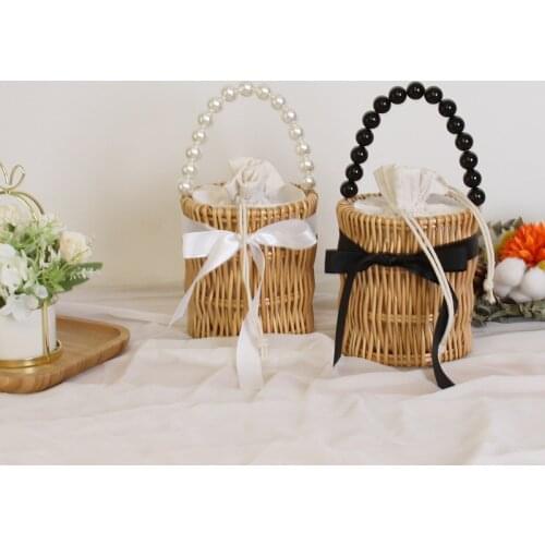 Fashion Beading Bow Rattan Women Handbags Wicker Woven Pearls Shoulder Crossbody Bags Summer Beach Straw Bag Cute Bucket Purses