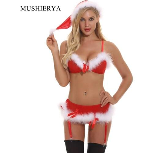 MUSHIERYA Women Christmas Costumes Sexy Lingerie Bra Set Sexy Underwear Trim Feather Hat Set Bra Nightwear Garter Mesh Plus Size
