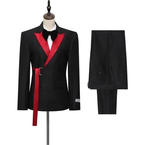 Luxury Black Men Suits With Belt Red Lapel Costume Homme Wedding Groom Tuxedo Terno Masculino Slim Fit Blazer 2 Pc Jacket Pant