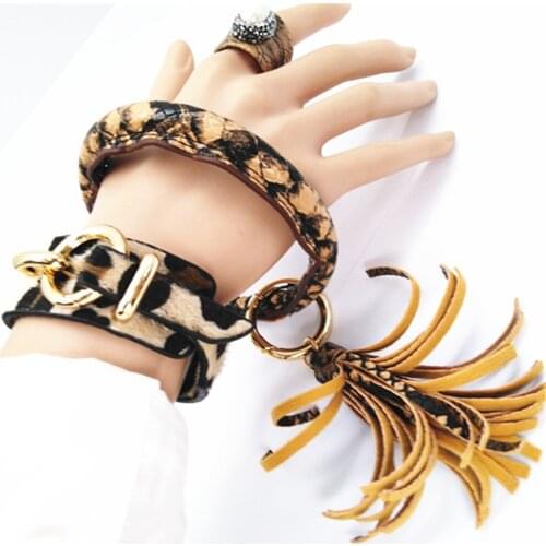 Luxury Leopard Bracelets Big Circle Tassel Pearl Geometric Trendy Fashion Leather Bracelets Women Bangle Female Wedding Jewelry