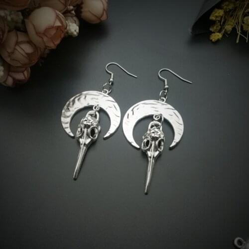Raven Skull Earrings/Moon Earrings/Bohemian Inspired/Rustic Earthy Jewelry/Bird Bone Jewelry/2020New Delicate Crescent Wholesale