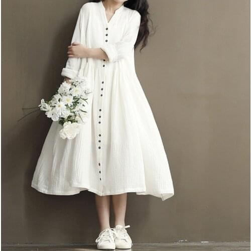 2022 Free Shipping Loose Cotton and Linen restoring ancient ways preppy style long sleeve long dress Girls spring/summer dress
