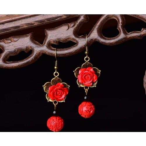 Cinnabar Flowers Drop Earrings Red Amulet Fashion Natural Charm Jewelry Gifts for Women Her