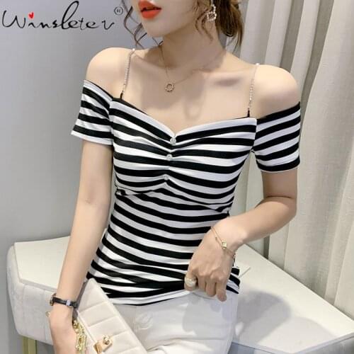 Summer Korean Style Cotton T-Shirt Fashion Sexy Off Collar Striped Shiny Diamonds Chain Women Tops Short Sleeve Tees New T15222A