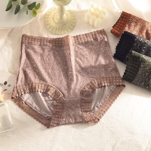 Womens Cotton Panties Large Sizes with High Waist Sexy Lace Jacquard Modal Cotton Briefs Plus Size Thermal Underwear for Women