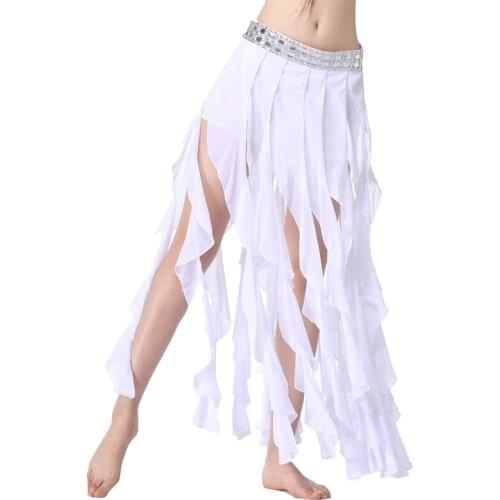 2018 New Women Dance Accessories Rhinestone Belly Dance Belt Over-Skirt with Long Ruffle Fringe White