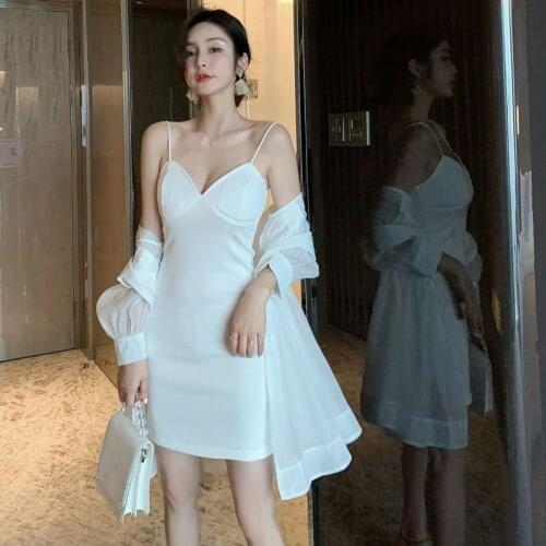 2019 Summer 2 Piece Set Women Suit Long Sleeve Mesh Long Shirt Top and Elegant Spaghetti Strap Dress Lady Two Piece Set Vestidos