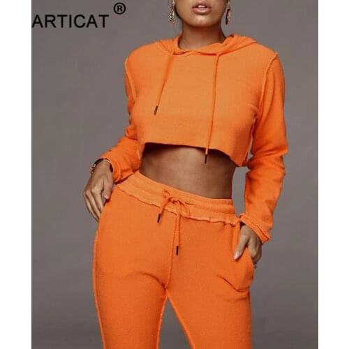 Articat Hooded Sexy Jumpsuit For Women 2020 Autumn Two Piece Long Sleeve Pockets Jogger Set Drawstring Casual Sport Jumpsuits