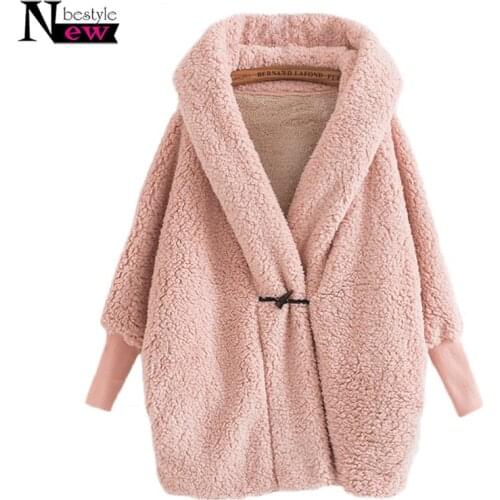 Newbestyle Women Hooded Outwear Winter Fashion Design Womens Batwing Long Sleeve Loose Streetwear Lamb Wool Hooded Coat Jackets