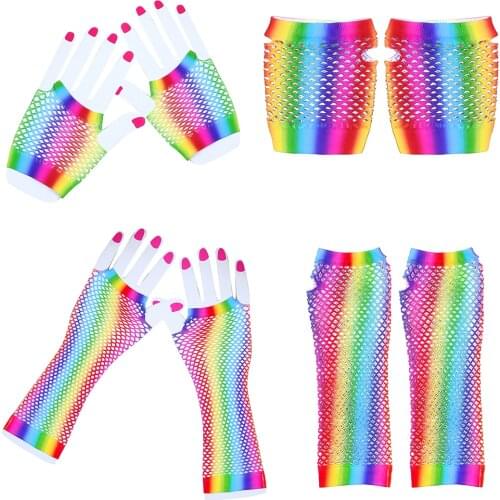 80s Hip Hop Dance Colorful Mesh Gloves Vintage Cosplay Party Gloves Stretchy Fishnet Fingerless Glove Sleeve Fashion Accessories