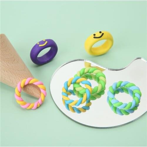 AOMU Ins New Fashion Colorful Handmade Ceramic Clay Twist Cute Smiley Ring Set for Women Girl Trendy Rings Jewelry Gifts