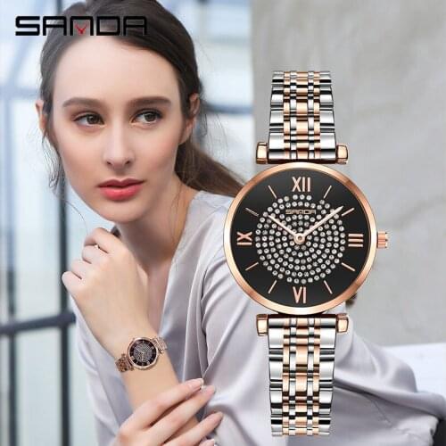 SANDA Ladies Casual Simple Steel Strap Watches Fashion Luxury Women Diamond Quartz Wristwatches Mesh Steel Rhinestone Gift Clock
