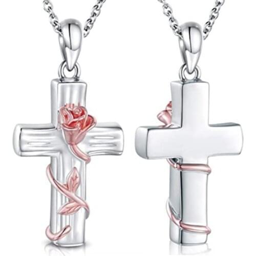 Cross Urn Necklace For Ashes Rose Gold Flower Ash Keepsake Pendant Gifts