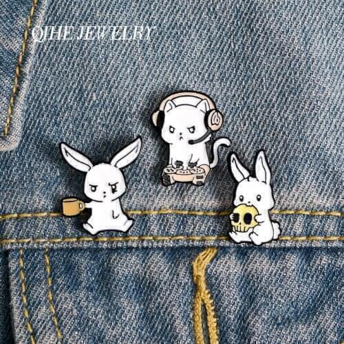 QIHE JEWELRY Animals Rabbit Cat Enamel Pins Eating skull Drink Play games Cartoon Brooches Badges Cute Lapel Pins for Friends