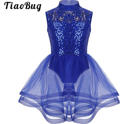Kids Girls Tutu Ballet Dress Shiny Sequins Mesh Figure Ice Skating Roller Skating Performance Gymnastics Leotard Dress
