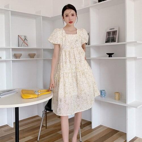 FALLINGSTAR Temperament Square Neck Puff Sleeve Puffy Dress Summer 2021 Womens Elegant Jacquard Midi Loose Korean Party Dresses
