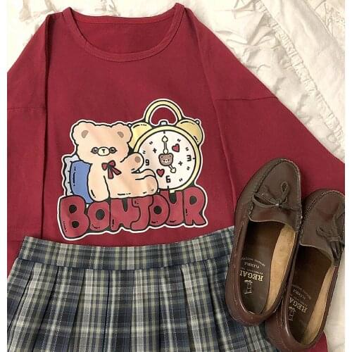 "Bear Alarm Clock" Sweet Womens Cotton T-Shirt Loose Tee Blouse Short Sleeve Summer Tops Cute Girls Black Red