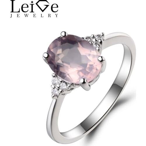 Leige Jewelry Anniversary Ring Natural Pink Quartz Ring Oval Cut Pink Fine Gemstone 925 Sterling Silver Ring Gifts for Women