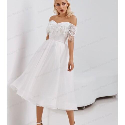 ShortHot Sale Charming Boho Two Pieces Bridal Wedding Gowns Lace Top Short Sleeves Neckline Wedding Dresses for Bride Robe De