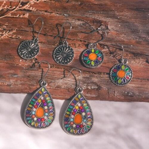 Water drop round Earring Vintage Bohemian Ethnic Drop Earrings for Women Colorful Antique Dangle Hanging Earrings Female Jewelry
