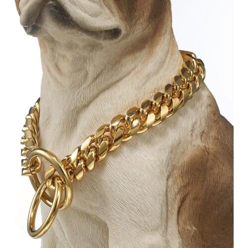Cool Heavy Dog Chain 316L Stainless Steel Gold Tone Curb Cuban Dog Chain Pet Collar Choker Necklace For Bulldog Rottweiler 18mm