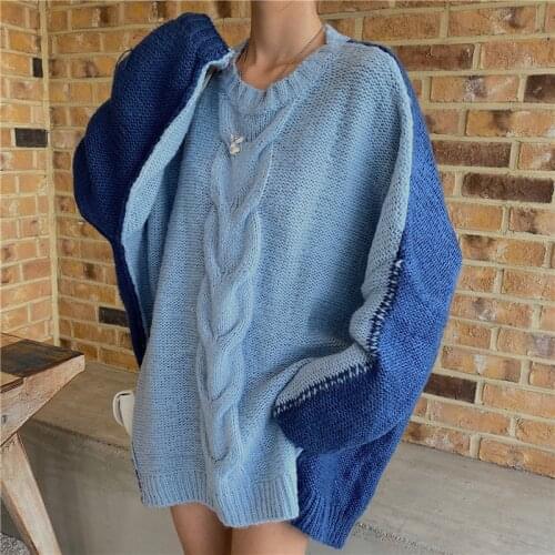 Fashion Casual Pullover Round Neck Cable Knit Sweater Womens Knitted Top 2021 Winter Fashion Splicing Warm Pullover Sweater