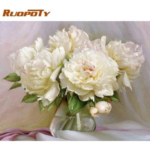 White peony Frameless Diy digital oil Painting By Numbers Flowers Wall Art Picture By Number Calligraphy Painting