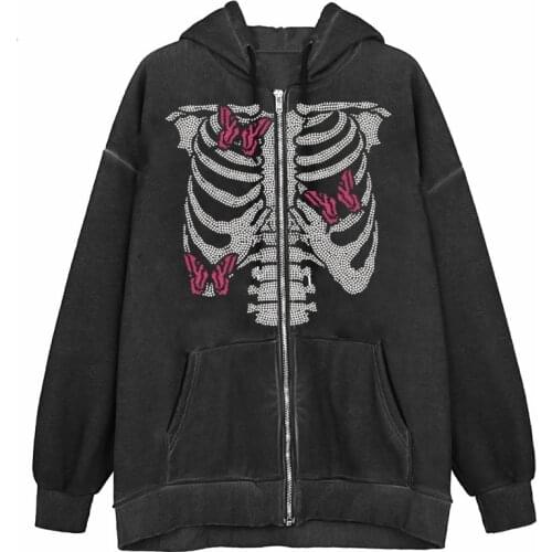 2021NEW Gothic clothing hip-hop street butterfly skull rhinestone oversized hoodie women trend loose zipper sweatshirt women