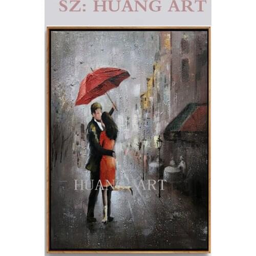 Hand-drawn original red take umbrella rain middle-class couple knife oil painting of mural painting in the lobby sofa