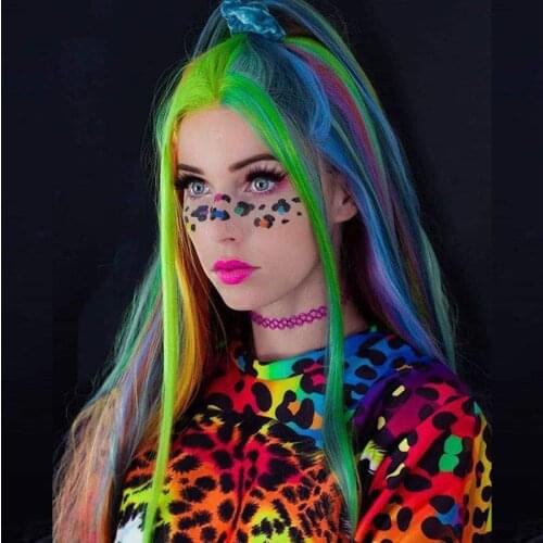 2021 Mermaid Rainbow Synthetic Wigs for Black Women Long Straight Wavy Hair Wig Heat Resistant Fiber Cosplay Lace Front Wigs