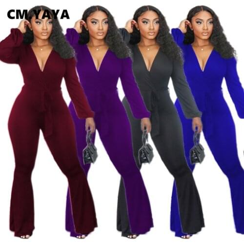 CM.YAYA Autumn Deep V-neck Womens With Sashes High Waist Flare Jumpsuit Sexy Club Party One Piece Overall Bodycon Romper Outfit