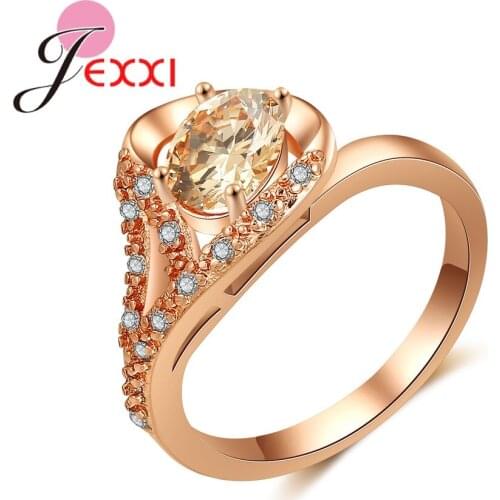 Sparkling Champagne CZ Stones Filled Popular Women Ladies Rose Gold Color Finger Rings For Engagement Party Bague Jewelry