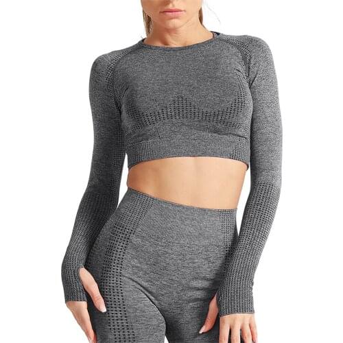 KIWI RATA Seamless Workout Crop Top for Women Long Sleeve Yoga Gym Shirts Thumb Hole Croped Compression Running Tops