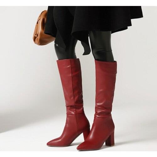 Band Designer Faux Leather Women Knee High Boots Pointed Toe Boots Women Long Chunky Block High Heel Boots Black Apricot Brown