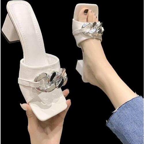 2021 New Brand Women Slipper Summer Outdoor Sandal Square High Heel Slip On Flip Flop Elegant Women Slides Sandal