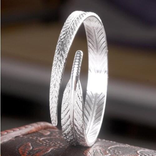 Fashion 925 Sterling Silver Woman Cuff Bracelet Open Angel Feather Adjustable Lucky Vintage Bangle Charm Wedding Jewelry Gifts