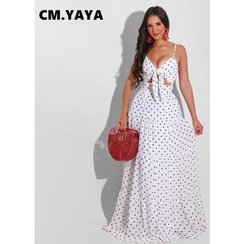 CM.YAYA Women Dress Dot Print Sleeveless Strap V-neck Zip Hollow Out Loose Long Maxi Dresses Fashion Vintage Vestidos Summer