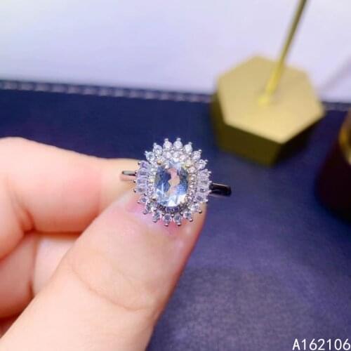 925 Pure Silver Chinese Style Natural Aquamarine Womens Luxury Vintage Flower Adjustable Gem Ring Fine Jewelry Support Detectio