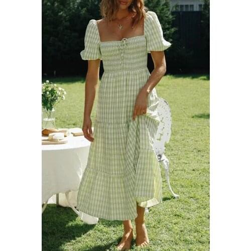 Foridol Plaid Vintage Summer Long Maxi Women Dress Elegant Short Sleeve Green Dress A-line Print Boho Dresses