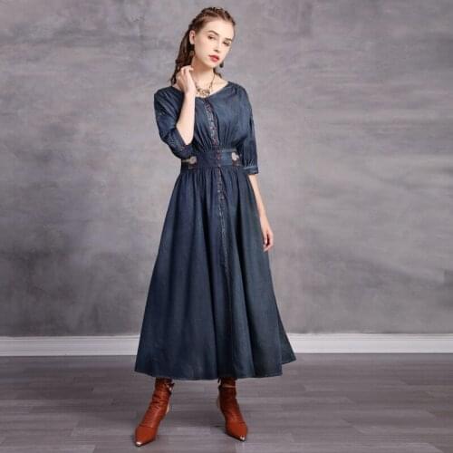 Johnature Autumn Vintage Embroidery Floral Dresses For Women V-Neck Bandage High Waist Button 2021 New Seven Sleeve Female Dress