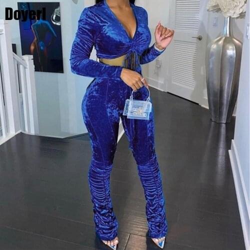 Winter Velvet Two Piece Set Women Tracksuit Set Sports Suit Casual Crop Top Ruched Stacked Pants Sweatpants Women Sets Clothes
