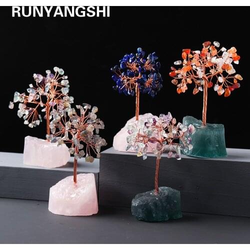 1PC Natural crystal rubble fortune tree Rough Crystal flower tree Irregular Rose quartz raw stone base Home decoration