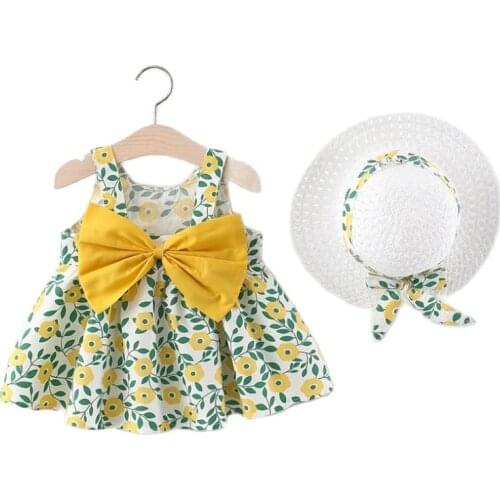 2021 Summer Baby Girls Dresses Hat 2 Piece Set Bow Baby Girl Clothes Baby Sleeveless Party Princess Print Dress For Baby Girls