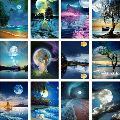 5D DIY Diamond Painting Cross Stitch Full Square Drill Moon Scenery Beach Rhinestone Picture Mosaic Diamond Embroidery Decor
