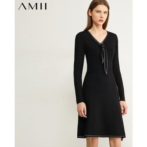 Amii Minimalism Autumn Winter Dresses For Women Fashion Temperament Bow Neck Slim Fit Knee-length Womens Dress 12040679