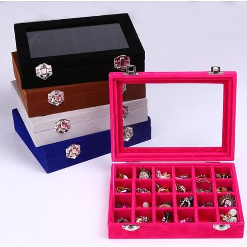 Jewelry Display Velvet Gray Carrying Case with Glass Cover Jewelry Ring Display Box Tray Holder Storage Box Organizer Joyeros