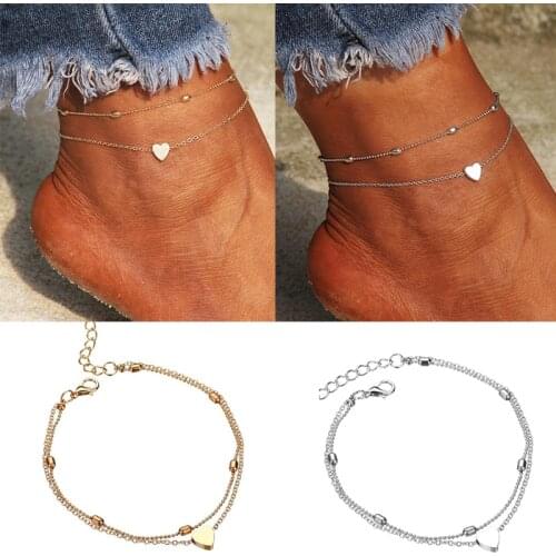 2021 Women Anklets Simple Heart Barefoot Crochet Sandals Foot Jewelry Two Layer Summer Beach Foot Legs Bracelet Anklets